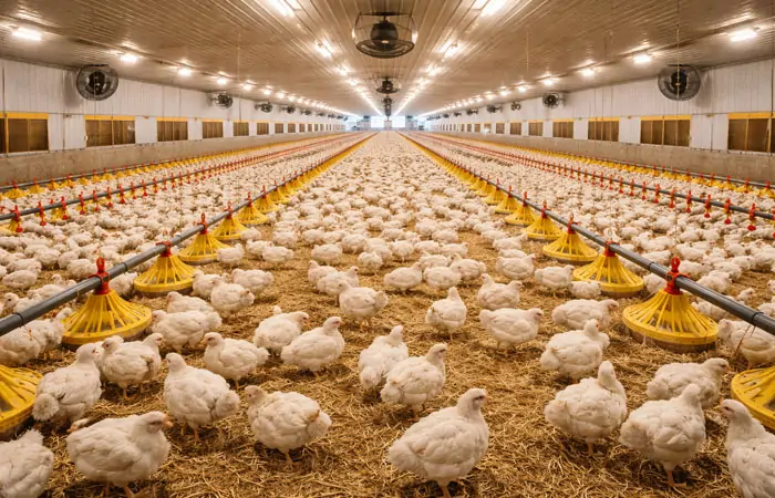 Innenraum einer Masthähnchenfarm mit automatischem Fütterungs- und Belüftungssystem