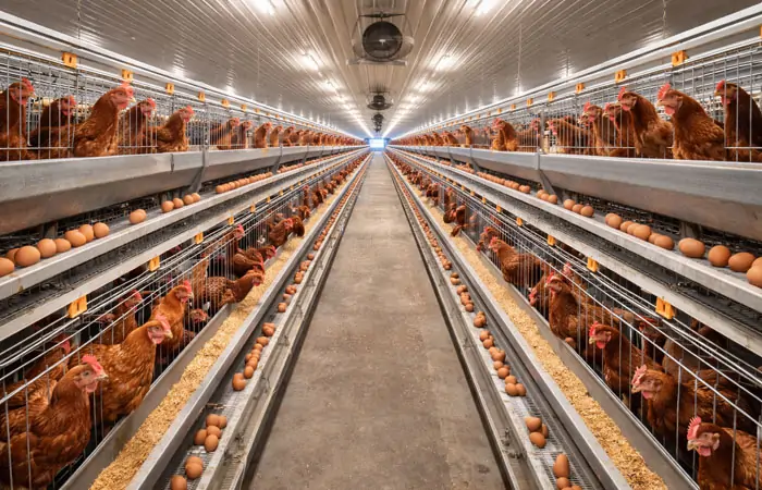Legehennen-Eierfarm mit Käfigsystem und automatischer Eiersammlung