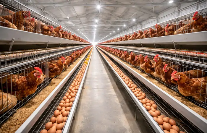 Legegeflügelfarm mit Käfigsystem und Eiersammlung