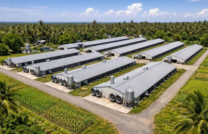 Moderne Geflügelfarm mit organisierten Hühnerställen