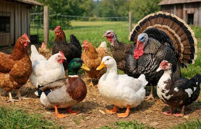 Verschiedene Geflügelarten wie Hühner, Enten und Puten, die auf einem Bauernhof aufgezogen werden