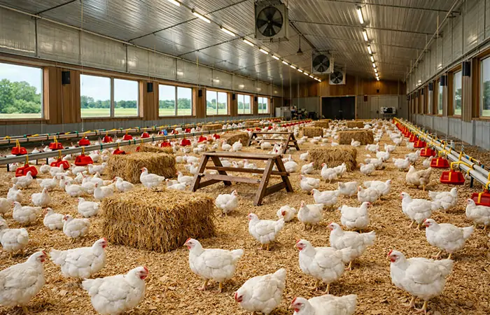 Masthühner, die nach den Standards des "Better Chicken Commitment" mit Auslaufhaltung und geringerer Besatzdichte aufgezogen werden