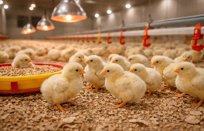Eintägige Mastküken unter einem Heizsystem im Geflügelbrutstall