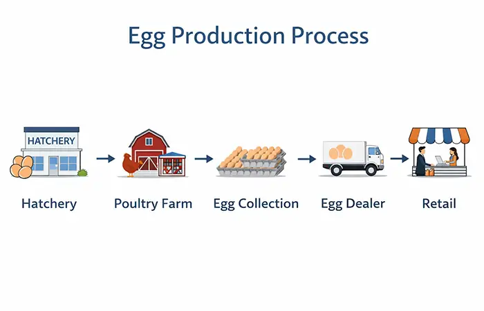 cadena de valor de la producción de huevos, desde la incubadora hasta la granja, pasando por la empresa de distribución de huevos
