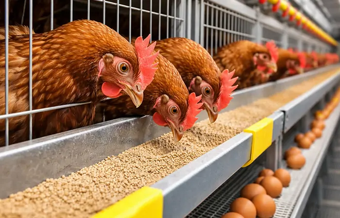 alimentación de gallinas ponedoras en sistema automático de alimentación en granja avícola