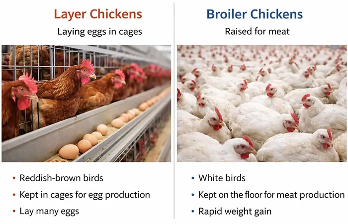 comparación entre gallinas ponedoras y pollos de engorde para la producción de huevos y carne