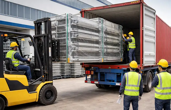 equipos de avicultura cargados en un contenedor para su exportación