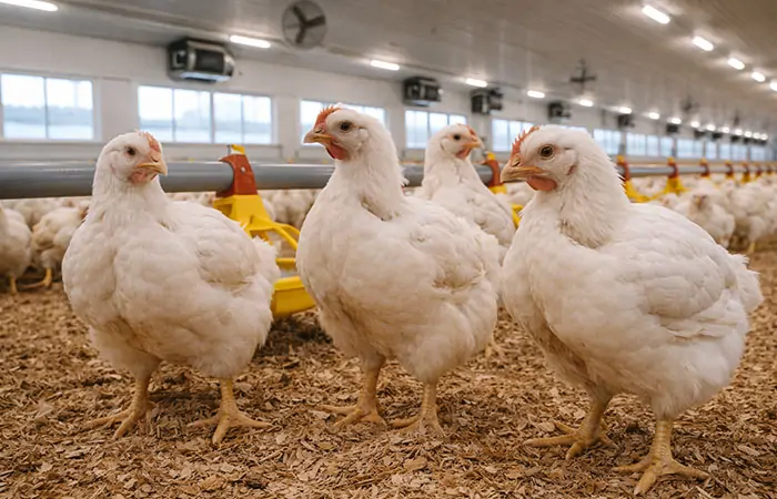 Weiße Masthühner, die für die Fleischproduktion gezüchtet werden, stehen auf dem Einstreu-Boden im Geflügelstall