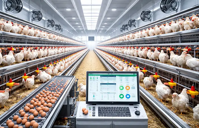 système d'élevage automatique de volailles avec alimentation, abreuvement, collecte des œufs, ventilation