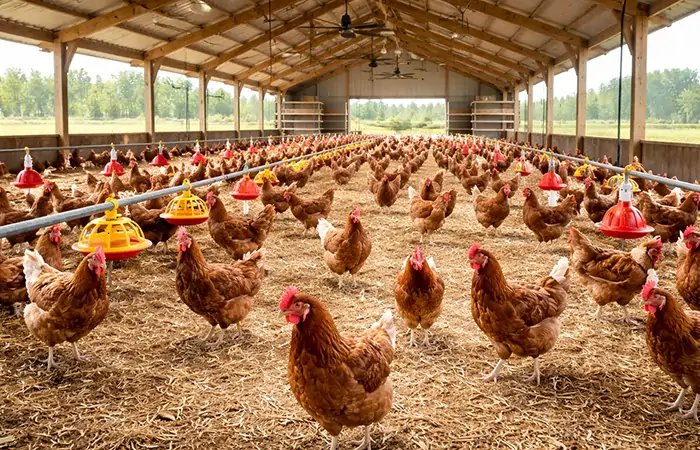 système d'élevage de volailles sur litière profonde poulets au sol environnement naturel