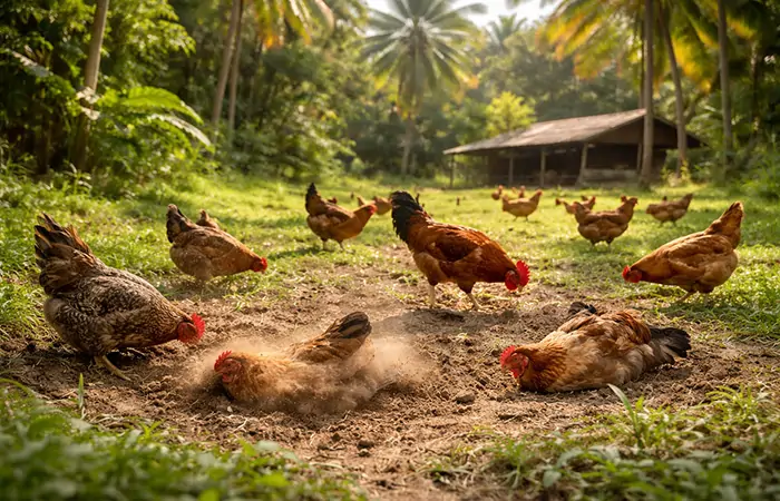 les poulets en liberté se baignent dans la poussière et se nourrissent naturellement en plein air