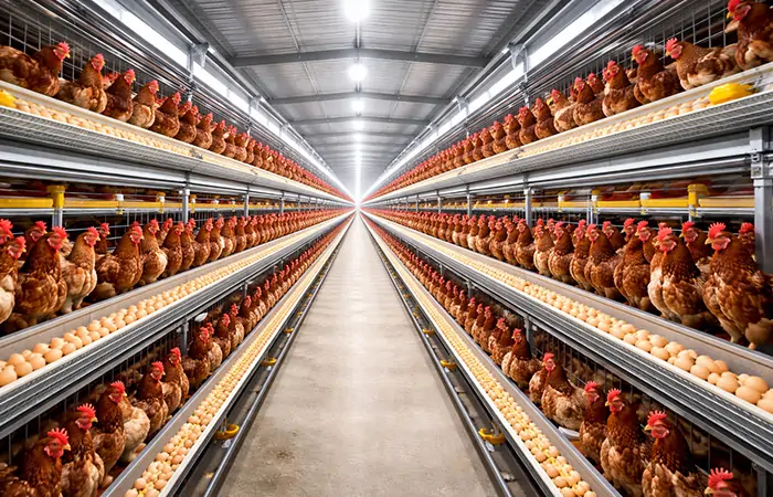 système de cages en batterie pour poules pondeuses dans un élevage commercial de volailles