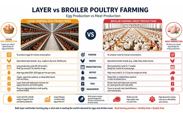 comparaison entre l'élevage de poules pondeuses et l'élevage de poulets de chair production d'œufs et de viande infographie