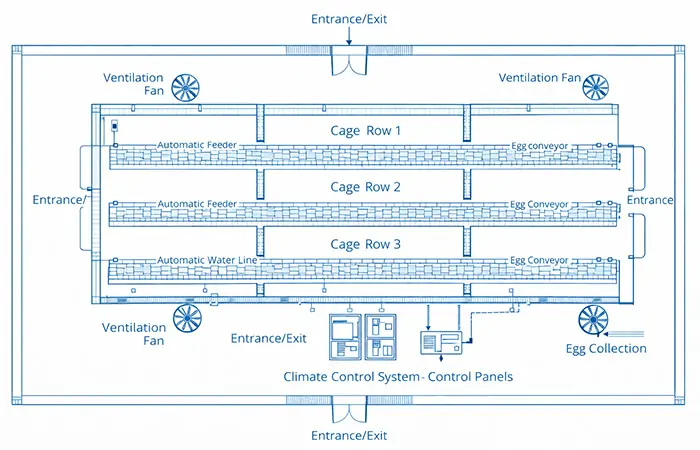 plan d'une ferme avicole avec ventilation du hangar, alimentation et disposition des cages