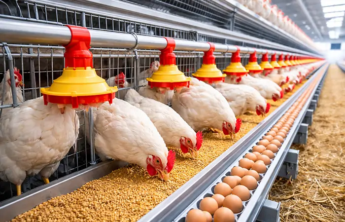 Système d'alimentation automatique pour poules pondeuses à l'intérieur d'une cage