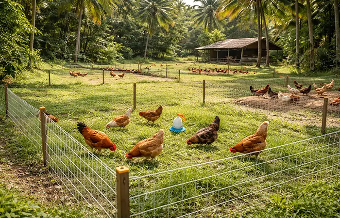 sections de pâturage divisées pour l'élevage en rotation de poulets en liberté avec des clôtures en treillis