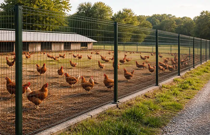 clôture en treillis soudé utilisée pour protéger les poulets en liberté contre les prédateurs