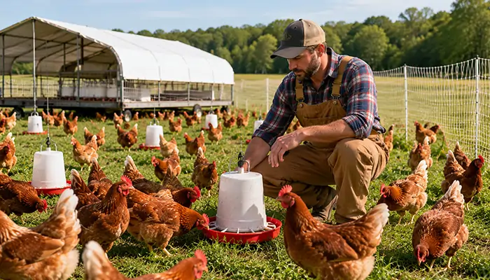 Agricultor a verificar os comedouros, os sistemas de abastecimento de água e o estado de saúde do bando numa exploração avícola em pastagem