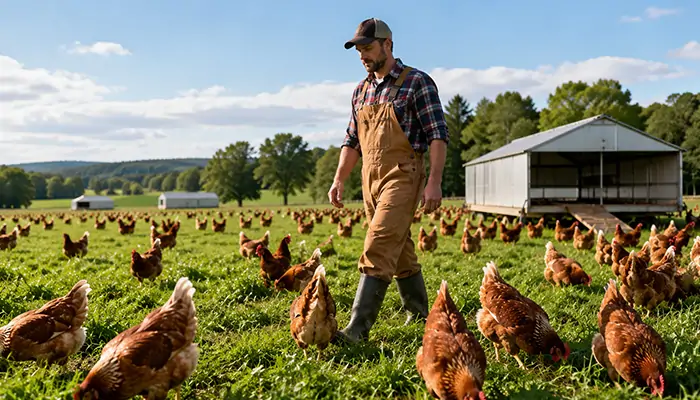 Um avicultor a inspecionar um bando de galinhas criadas em pastagem numa pequena exploração agrícola