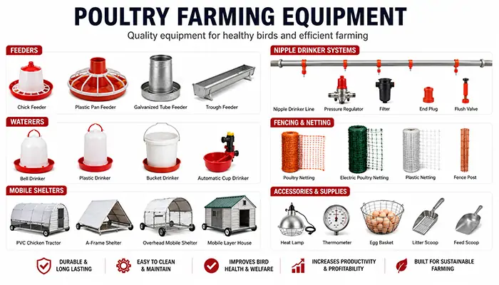Comedouros, bebedouros, cercas elétricas e equipamento avícola para galinhas criadas em pastagem